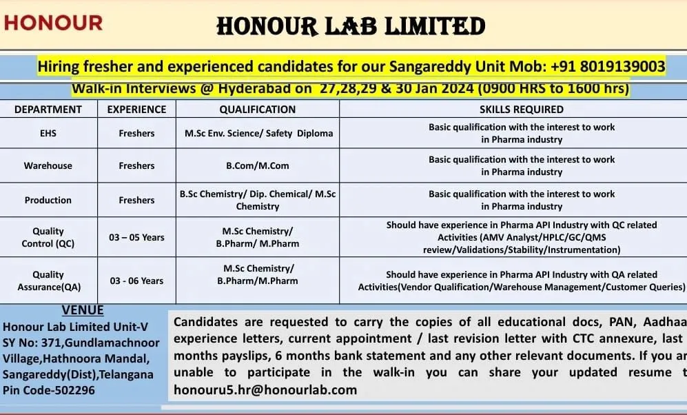 Honour Lab Limited - Walk-Ins for Freshers & Experienced in Production, QA, QC, Warehouse, EHS on 27th - 30t Jan 2024